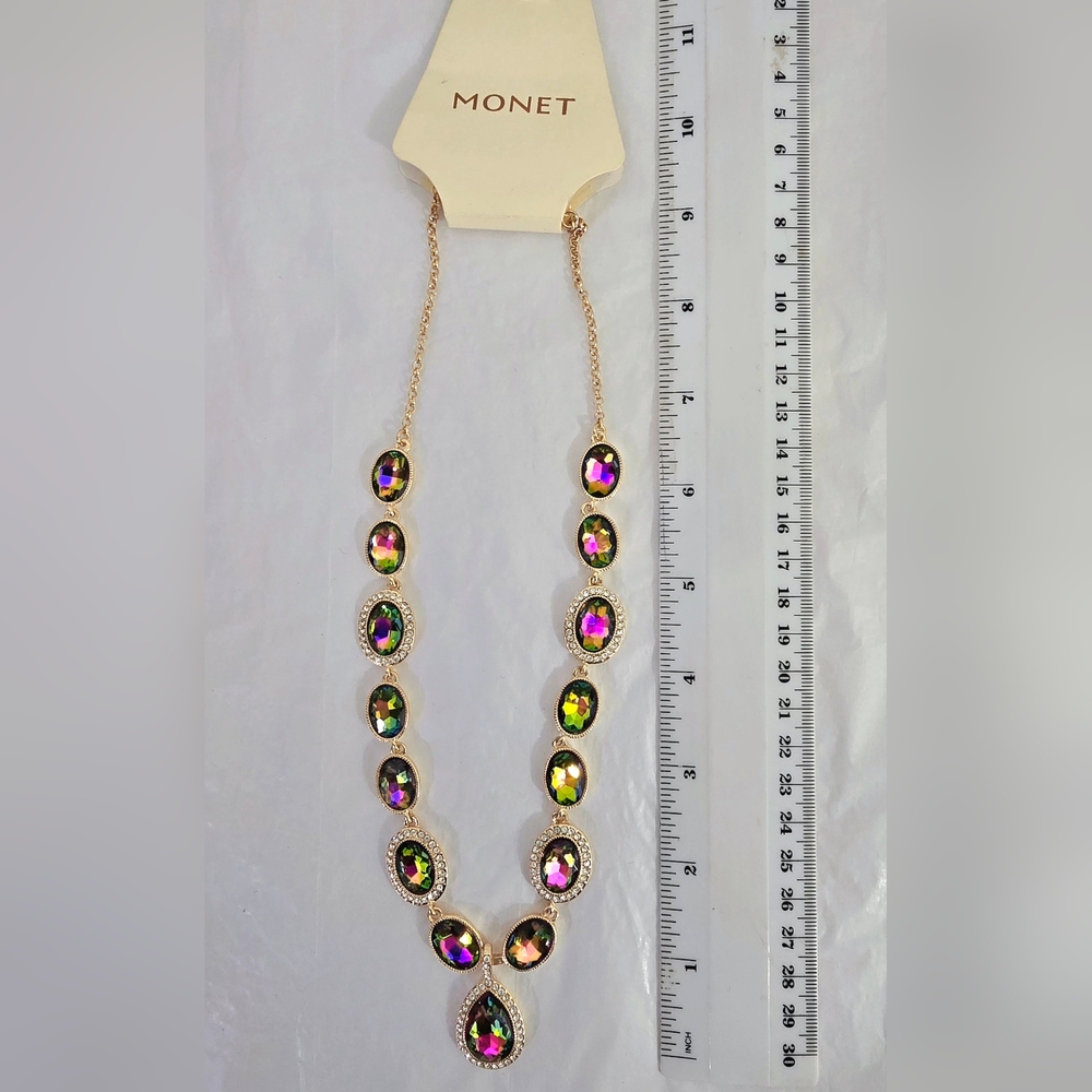 Monet Colorful Rainbow Stones Statement Necklace rainbow pink green yellow NWT - Picture 6 of 10